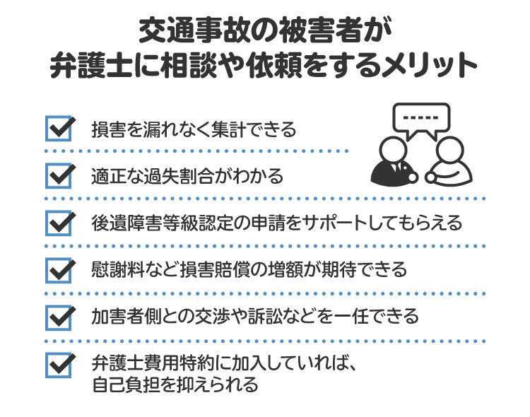 交通事故の被害者が弁護士に相談や依頼をするメリット。慰謝料など損害賠償の増額が期待できる点は大きい
